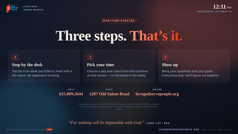 Lobby board screen titled Three steps, explaining how to meet with a life coach