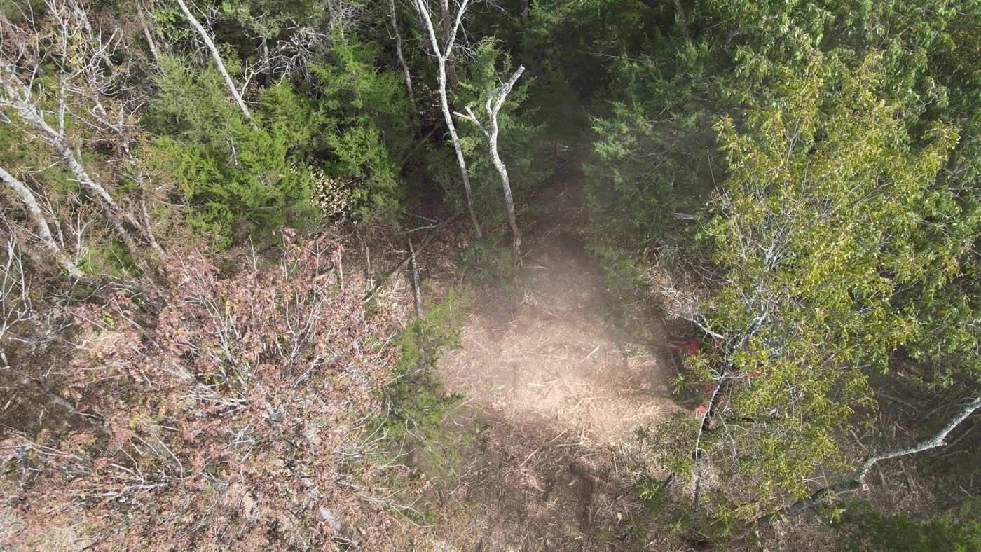 Aerial view of a forestry mulching job in Rutherford County, Tennessee