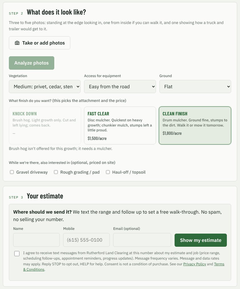 Steps two and three of the Rutherford Land Clearing estimate tool: photos, vegetation, access, ground, finish options with per-acre prices, and where to send the estimate