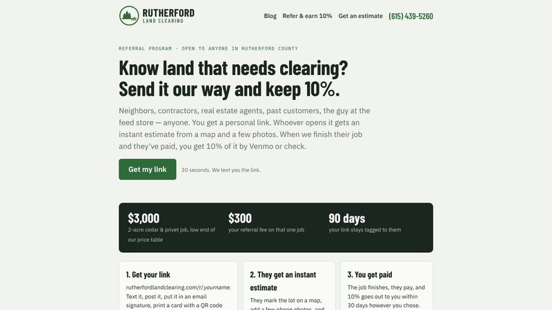 Referral program page of rutherfordlandclearing.com offering 10 percent for referred jobs